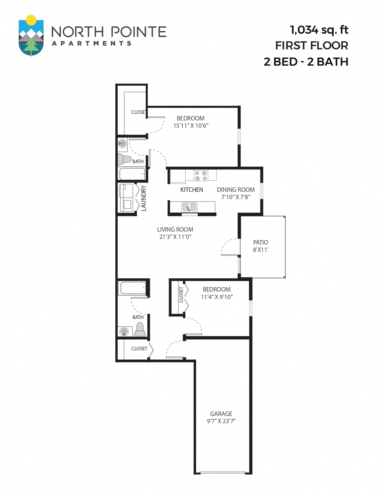 Floor plan for 2 beds, 2 baths, 1034 sqft